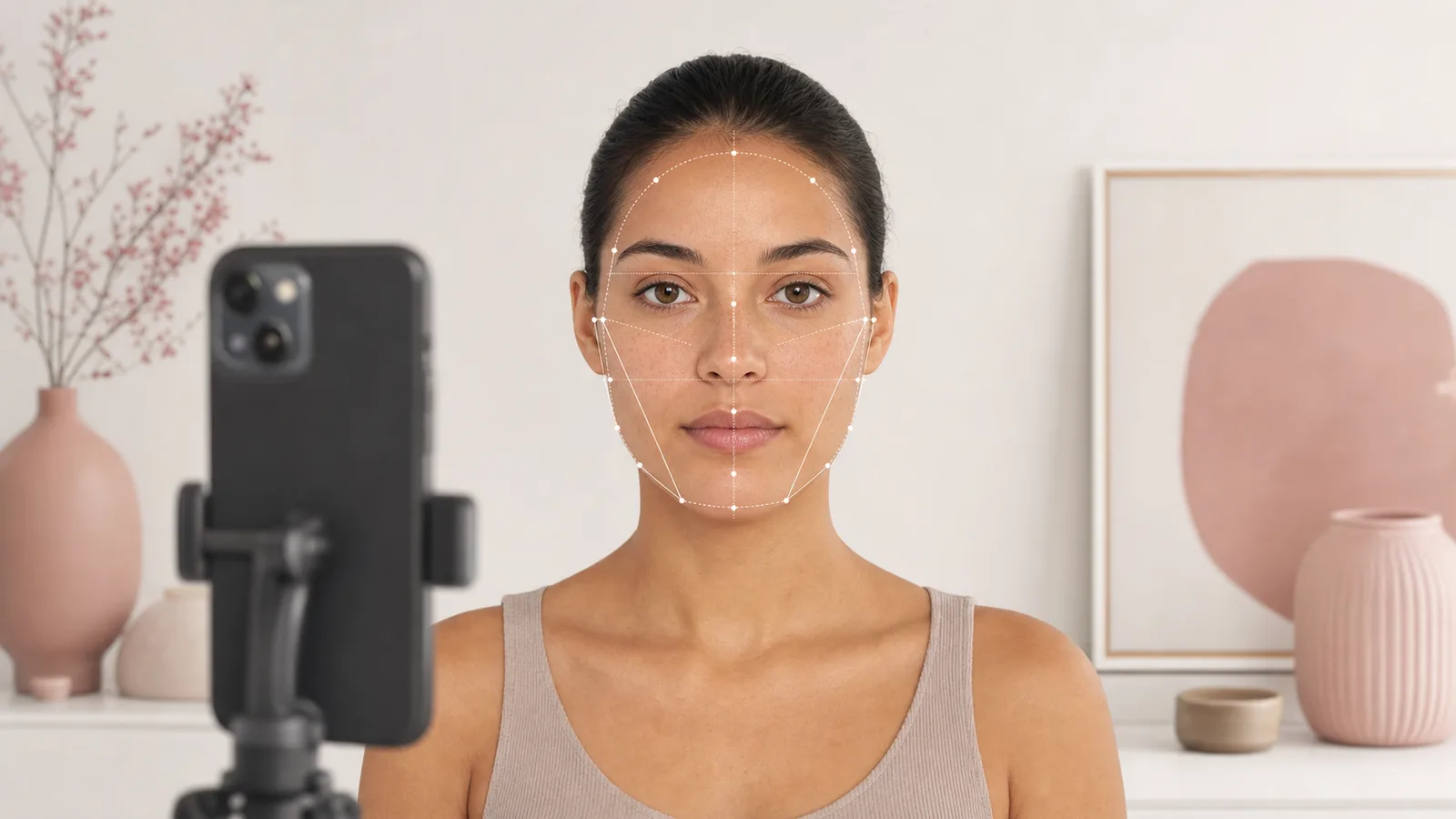 Straight-on face shape detector photo setup with even lighting, pulled-back hair, and a phone at eye level