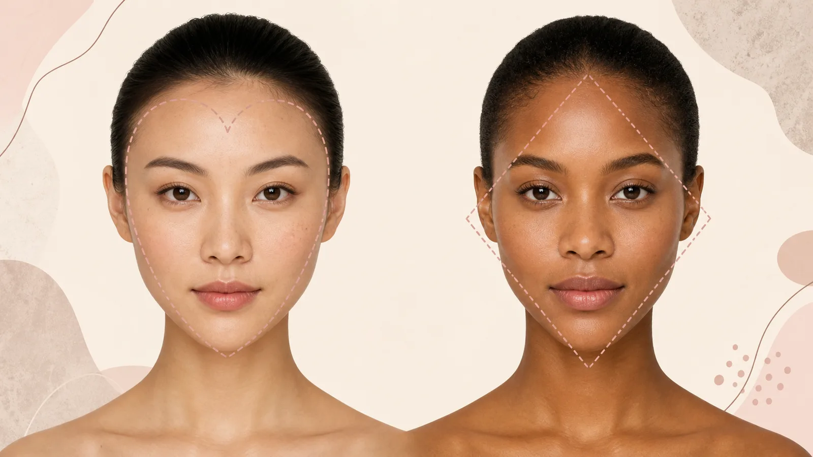 Side-by-side comparison of a heart face with a wider forehead and a diamond face with wider cheekbones